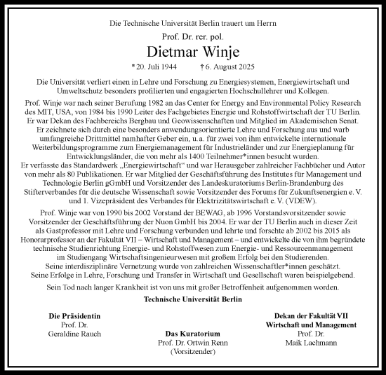 Traueranzeige von Dietmar Winje von Tagesspiegel