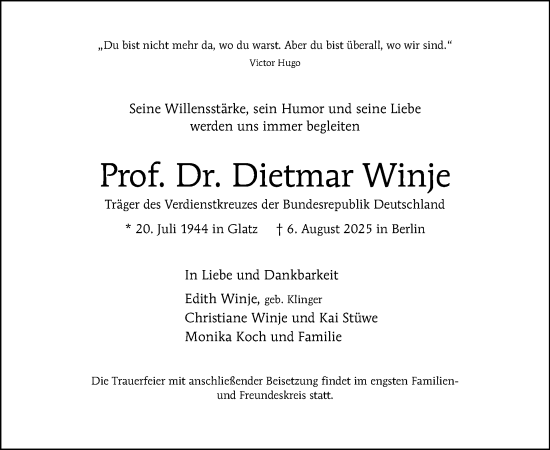 Traueranzeige von Dietmar Winje von Tagesspiegel