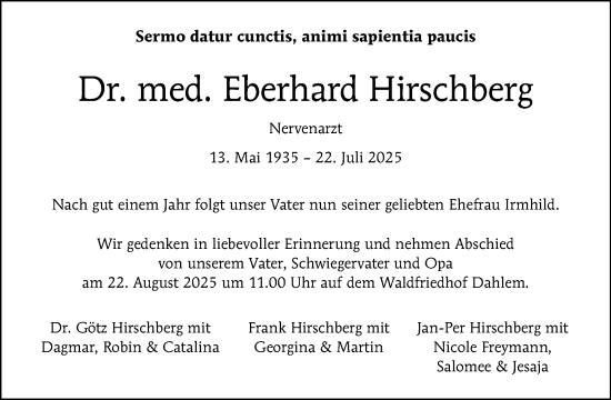 Traueranzeige von Eberhard Hirschberg von Tagesspiegel