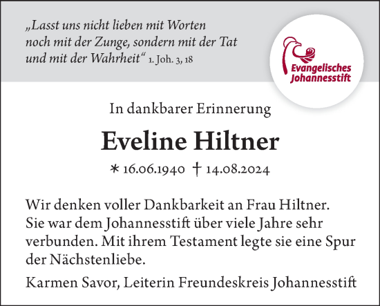 Traueranzeige von Eveline Hiltner von Tagesspiegel