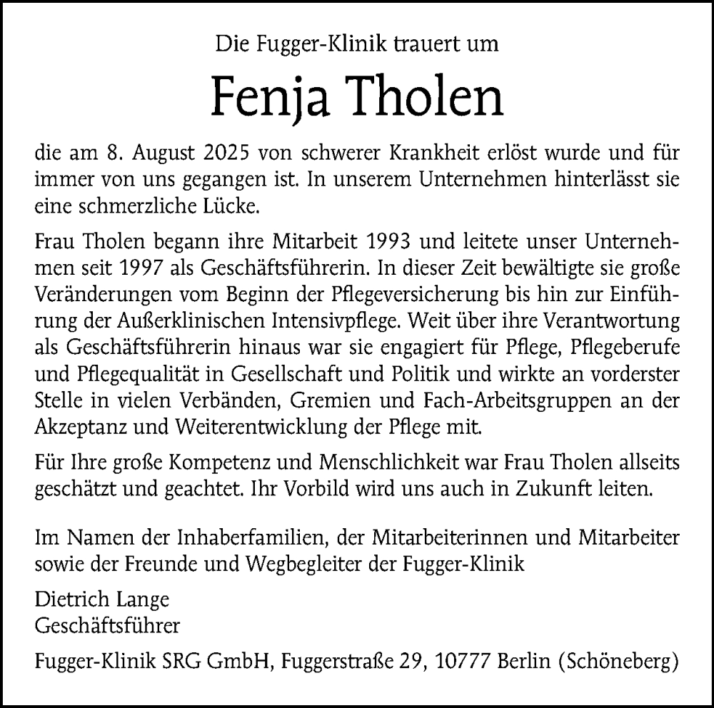  Traueranzeige für Fenja Tholen vom 23.08.2025 aus Tagesspiegel