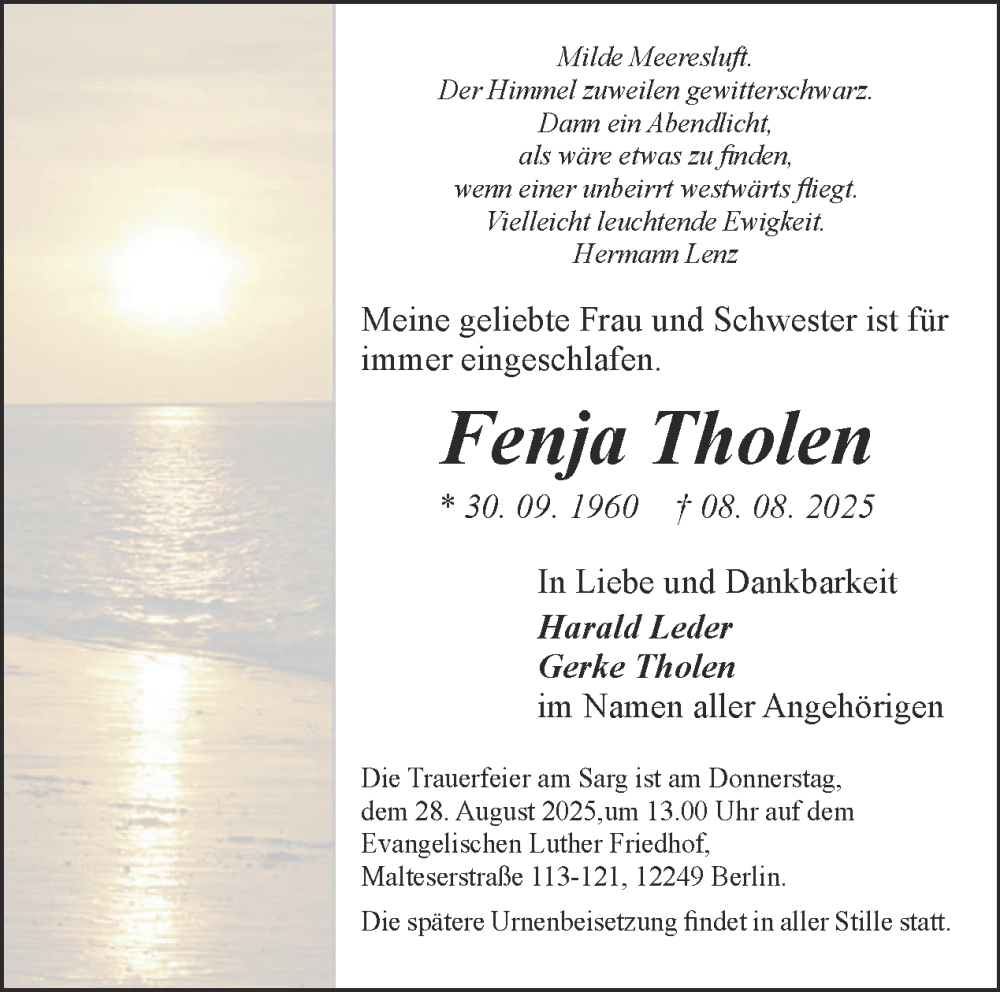  Traueranzeige für Fenja Tholen vom 23.08.2025 aus Tagesspiegel