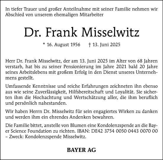 Traueranzeige von Frank Misselwitz von Tagesspiegel