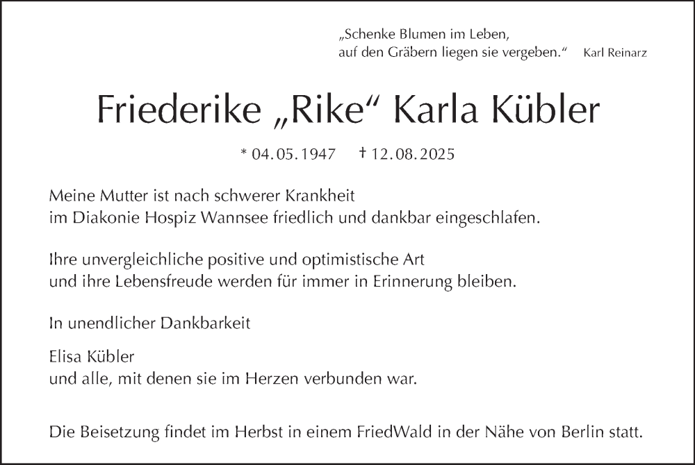  Traueranzeige für Friederike Karla Kübler vom 23.08.2025 aus Tagesspiegel