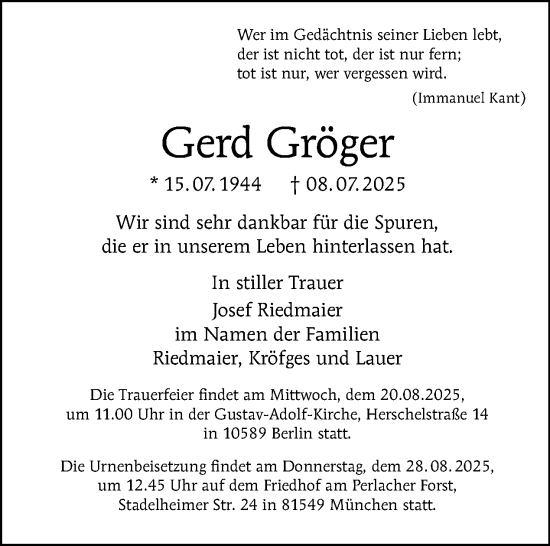 Traueranzeige von Gerd Gröger von Tagesspiegel