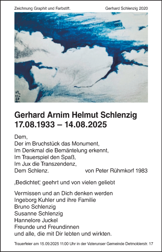 Traueranzeige von Gerhard Arnim Helmut Schlenzig von Tagesspiegel