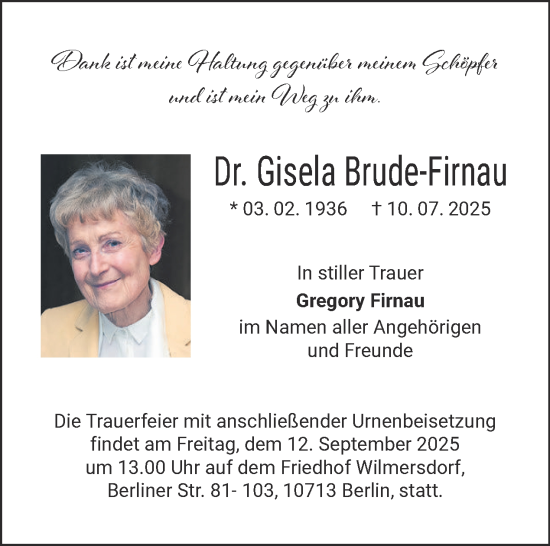 Traueranzeige von Gisela Brude-Firnau von Tagesspiegel