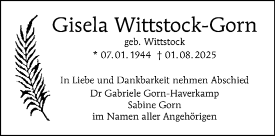 Traueranzeige von Gisela Wittstock-Gorn von Tagesspiegel