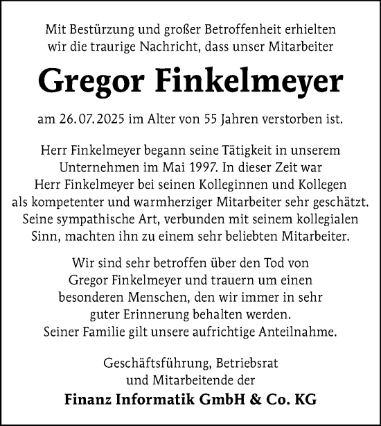Traueranzeige von Gregor Finkelmeyer von Tagesspiegel