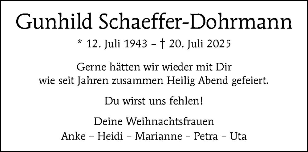  Traueranzeige für Gunhild Schaeffer-Dohrmann vom 02.08.2025 aus Tagesspiegel