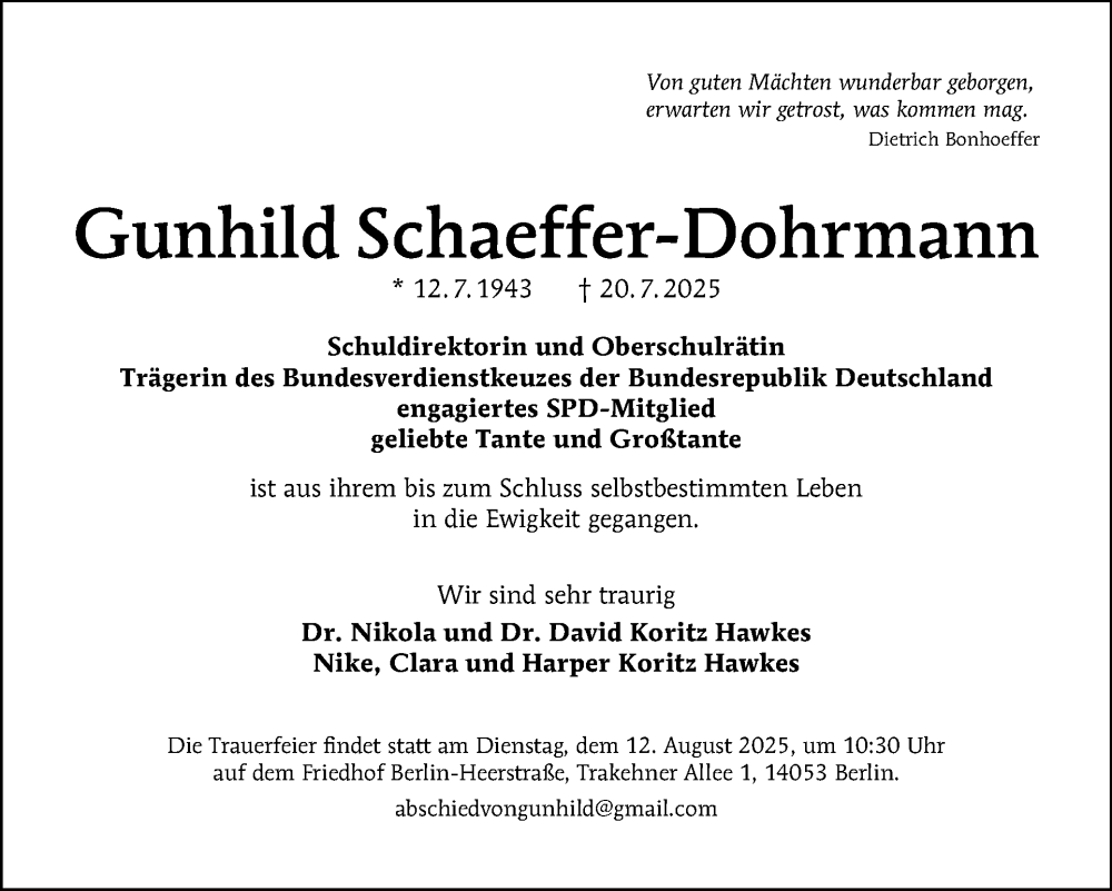  Traueranzeige für Gunhild Schaeffer-Dohrmann vom 02.08.2025 aus Tagesspiegel