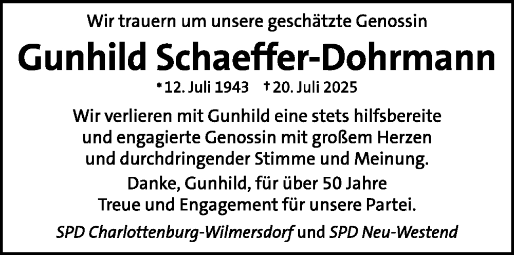  Traueranzeige für Gunhild Schaeffer-Dohrmann vom 09.08.2025 aus Tagesspiegel