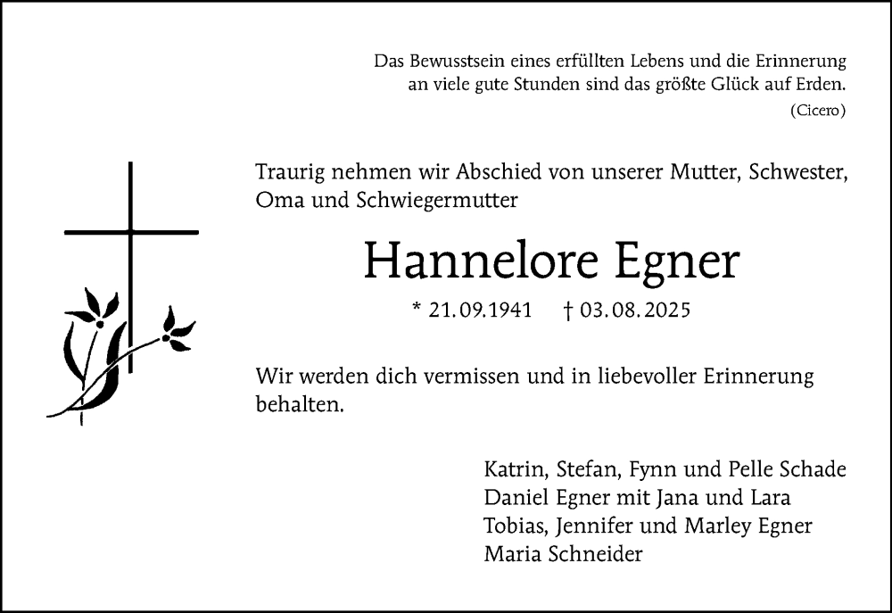  Traueranzeige für Hannelore Egner vom 23.08.2025 aus Tagesspiegel