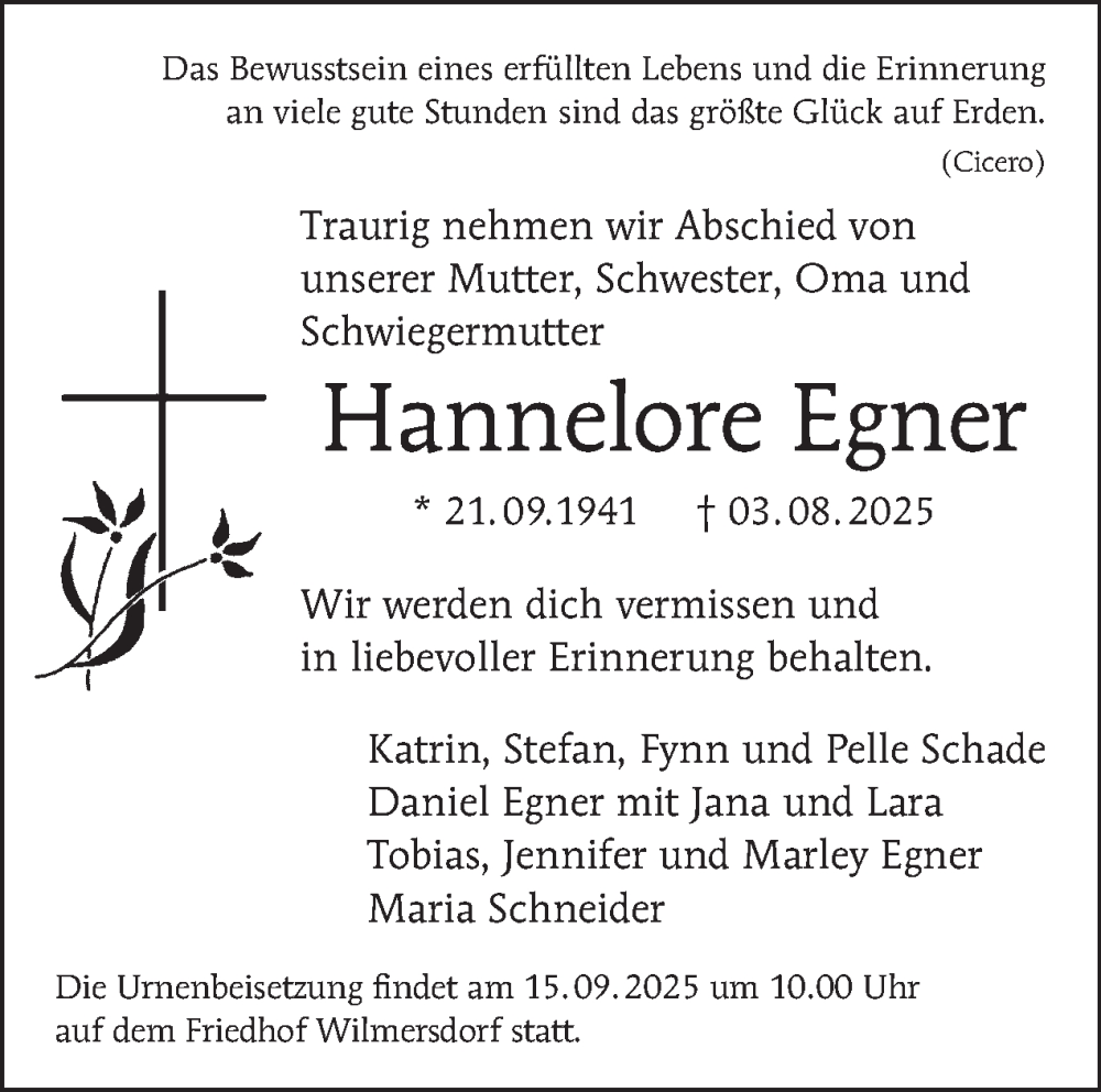  Traueranzeige für Hannelore Egner vom 30.08.2025 aus Tagesspiegel