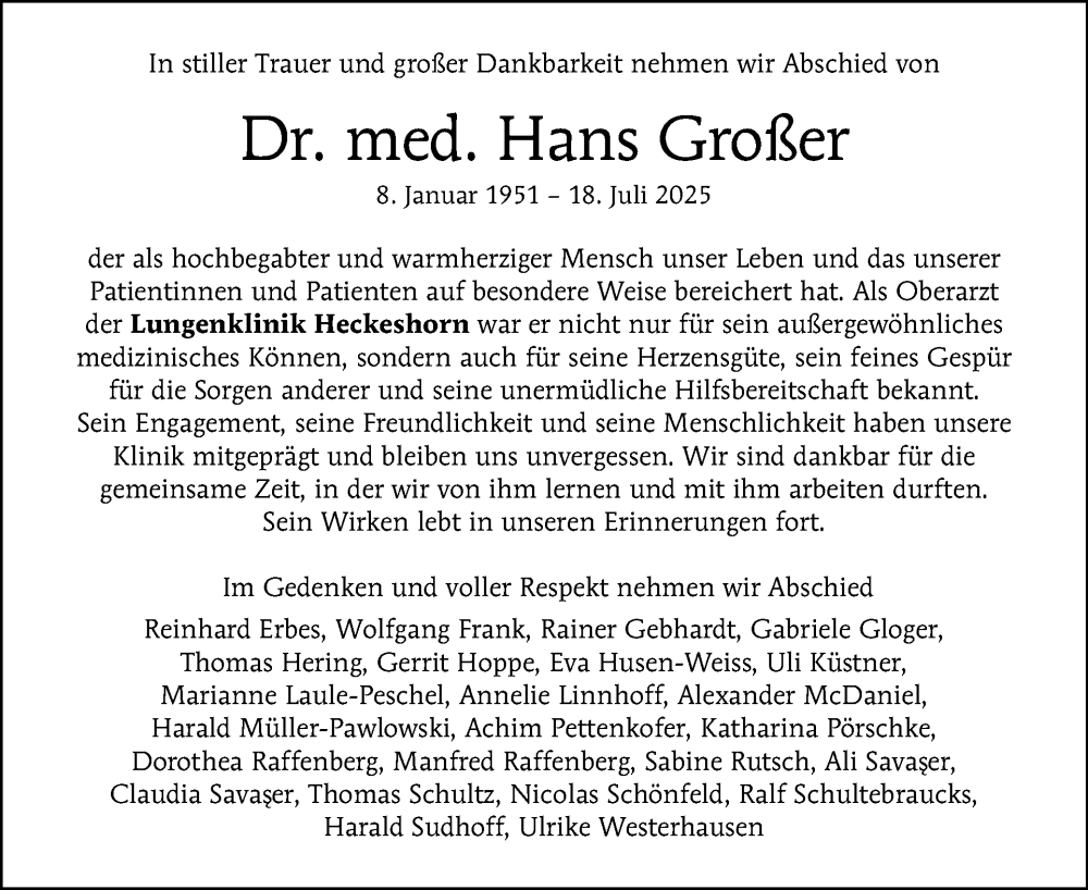  Traueranzeige für Hans Großer vom 09.08.2025 aus Tagesspiegel