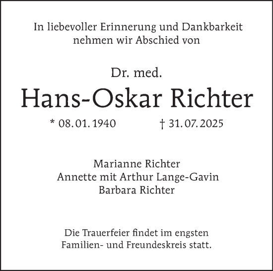 Traueranzeige von Hans-Oskar Richter von Tagesspiegel