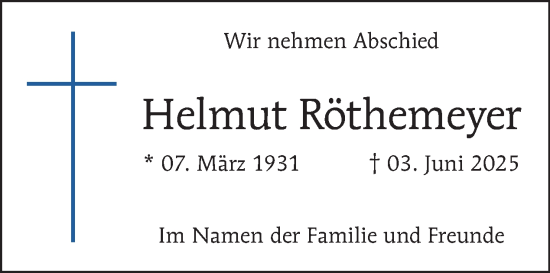 Traueranzeige von Helmut Röthemeyer von Tagesspiegel