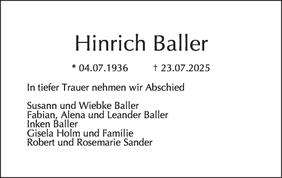 Traueranzeige von Hinrich Baller von Tagesspiegel