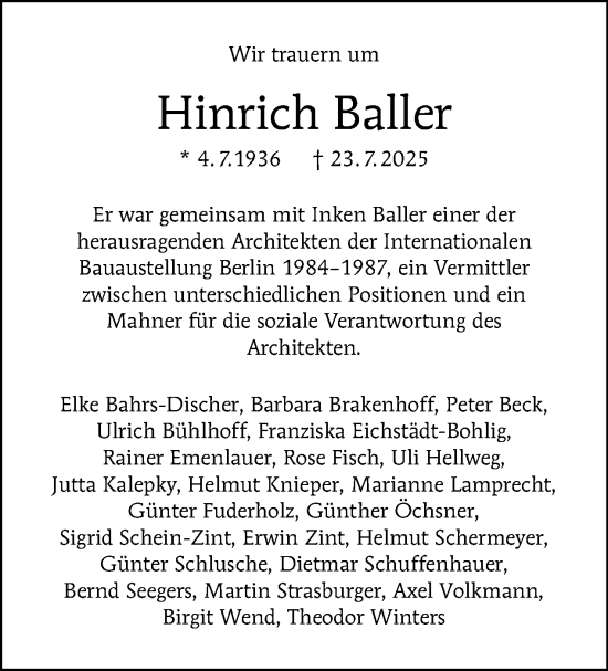 Traueranzeige von Hinrich Baller von Tagesspiegel