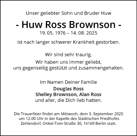 Traueranzeige von Huw Ross Brownson von Tagesspiegel