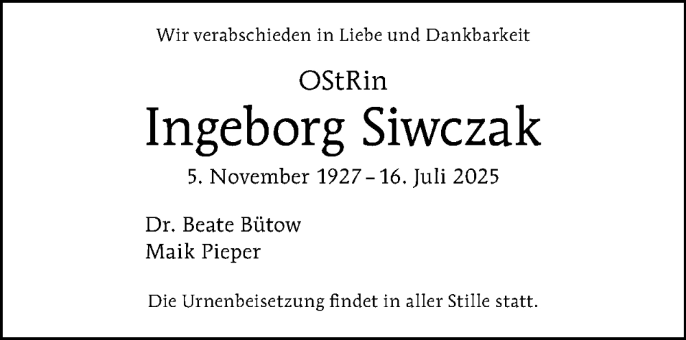  Traueranzeige für Ingeborg Siwczak vom 23.08.2025 aus Tagesspiegel