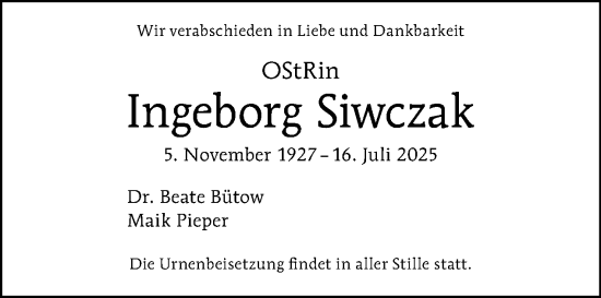 Traueranzeige von Ingeborg Siwczak von Tagesspiegel