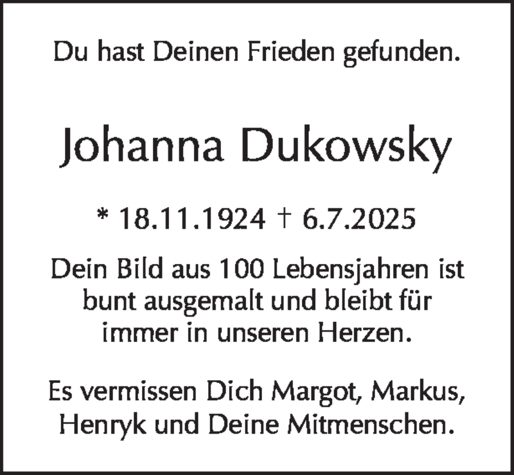  Traueranzeige für Johanna Dukowsky vom 23.08.2025 aus Tagesspiegel