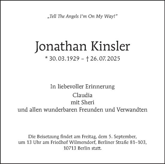Traueranzeige von Jonathan Kinsler von Tagesspiegel