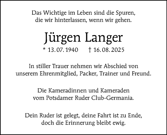 Traueranzeige von Jürgen Langer von Tagesspiegel