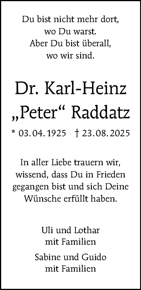 Traueranzeige von Karl-Heinz Raddatz von Tagesspiegel