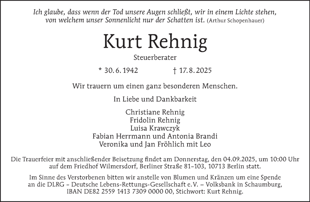  Traueranzeige für Kurt Rehnig vom 30.08.2025 aus Tagesspiegel