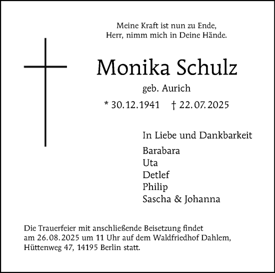 Traueranzeige von Monika Schulz von Tagesspiegel