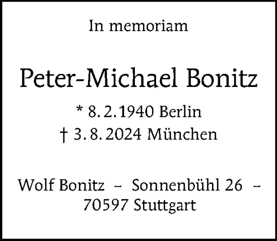 Traueranzeige von Peter-Michael Bonitz von Tagesspiegel