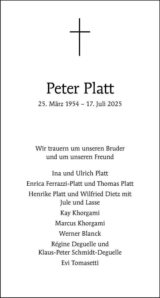 Traueranzeige von Peter Platt von Tagesspiegel