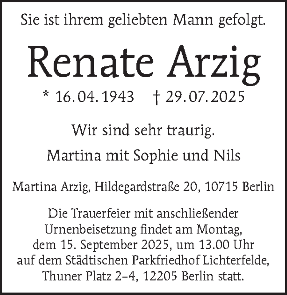  Traueranzeige für Renate Arzig vom 09.08.2025 aus Tagesspiegel