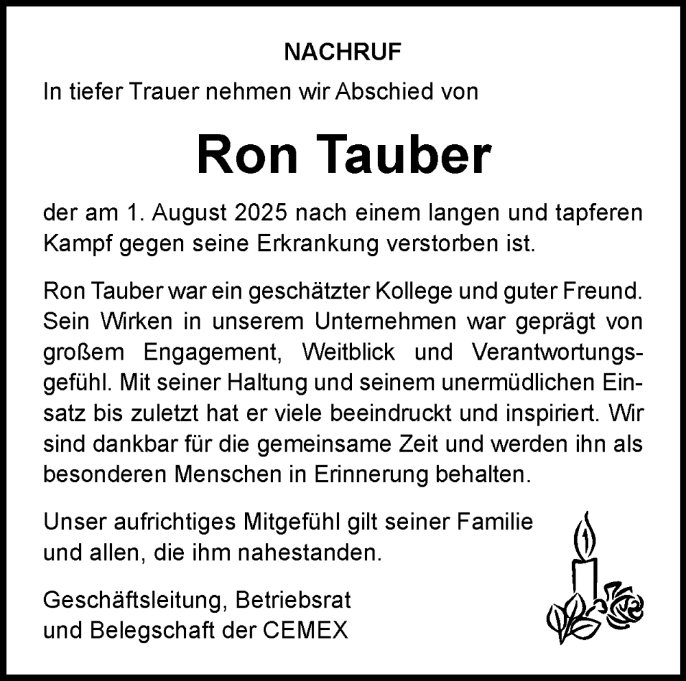  Traueranzeige für Ron Tauber vom 09.08.2025 aus Tagesspiegel