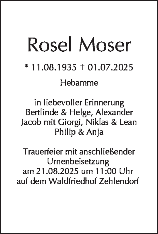 Traueranzeige von Rosel Moser von Tagesspiegel