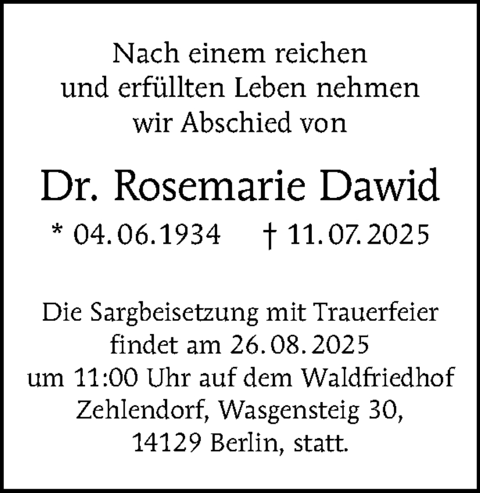  Traueranzeige für Rosemarie Dawid vom 16.08.2025 aus Tagesspiegel