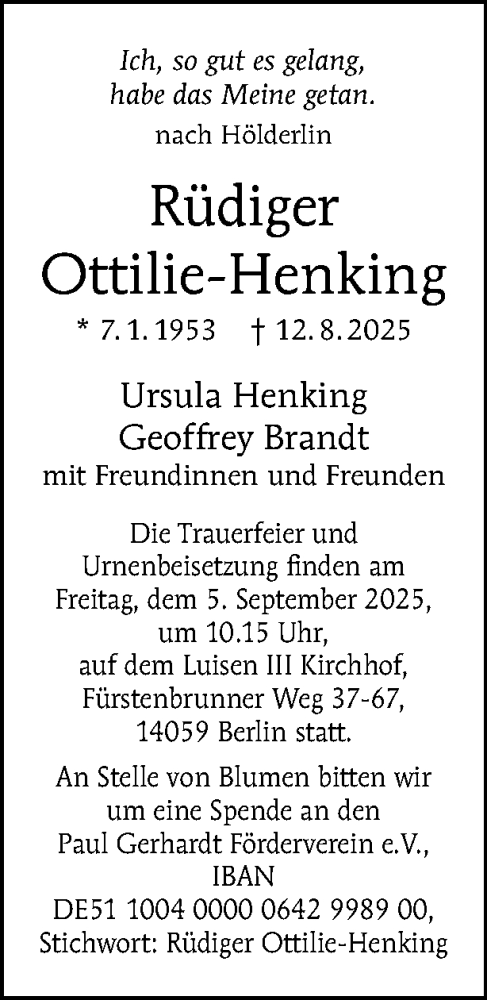 Traueranzeige von Rüdiger Ottilie-Henking von Tagesspiegel