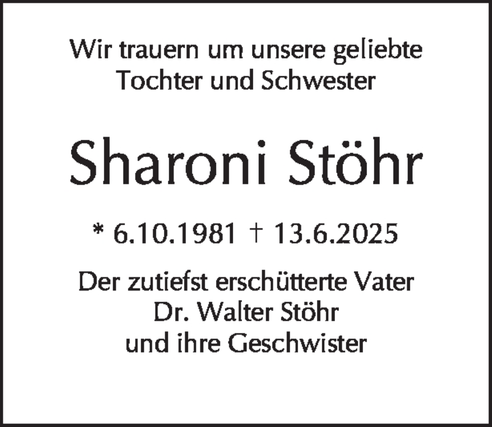  Traueranzeige für Sharoni Stöhr vom 02.08.2025 aus Tagesspiegel