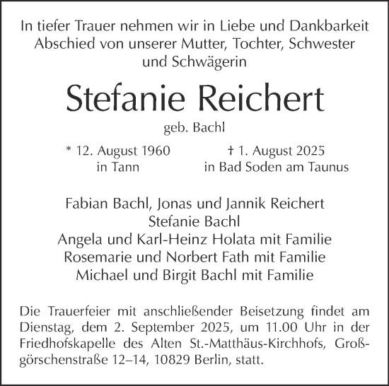 Traueranzeige von Stefanie Reichert von Tagesspiegel