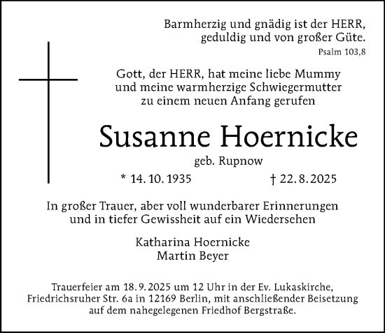 Traueranzeige von Susanne Hoernicke von Tagesspiegel