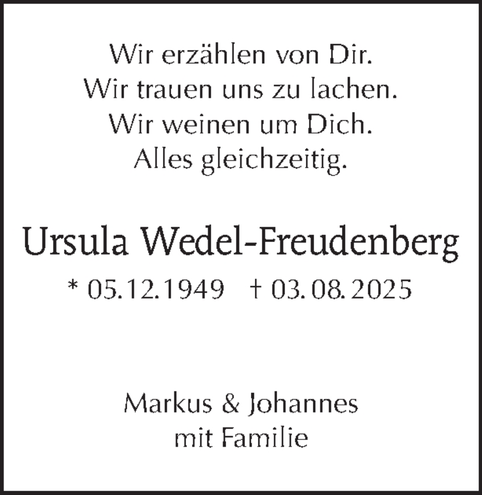  Traueranzeige für Ursula Wedel-Freudenberg vom 09.08.2025 aus Tagesspiegel