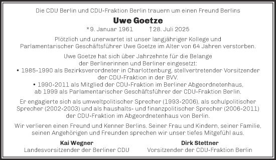 Traueranzeige von Uwe Goetze von Tagesspiegel