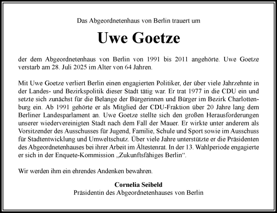 Traueranzeige von Uwe Goetze von Tagesspiegel