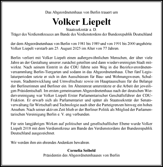 Traueranzeige von Volker Liepelt von Tagesspiegel