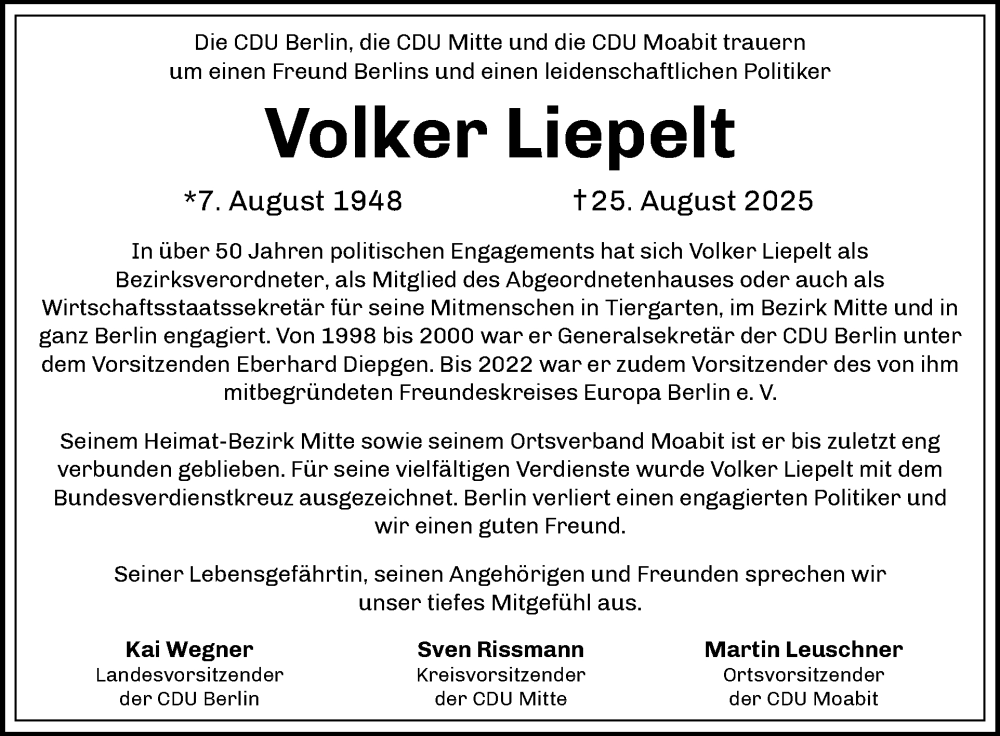  Traueranzeige für Volker Liepelt vom 30.08.2025 aus Tagesspiegel