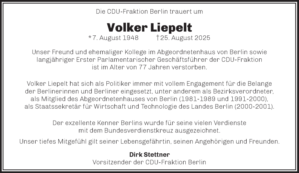  Traueranzeige für Volker Liepelt vom 30.08.2025 aus Tagesspiegel