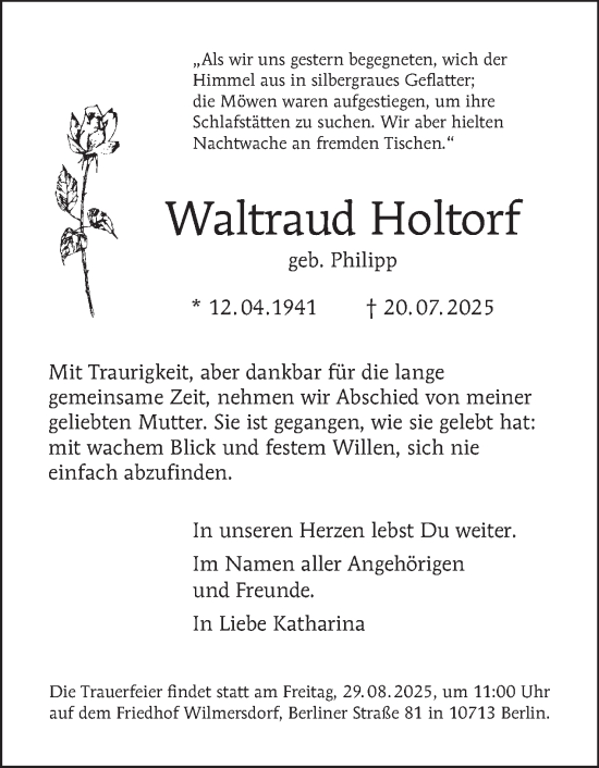 Traueranzeige von Waltraud Holtorf von Tagesspiegel