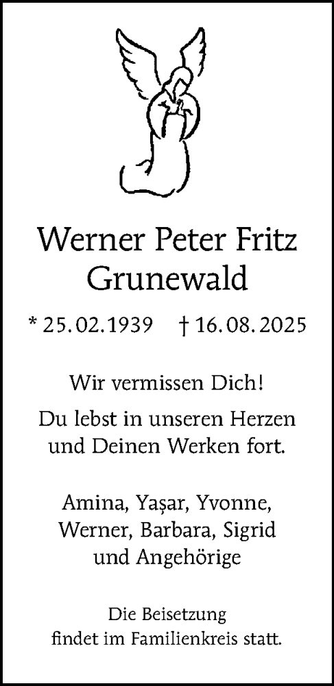 Traueranzeige von Werner Peter Fritz Grunewald von Tagesspiegel